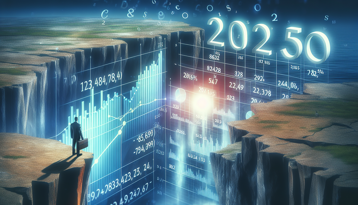 "alt_text": "Desain grafis APBN 2025 menunjukkan angka dan grafik di tepi jurang keuangan."