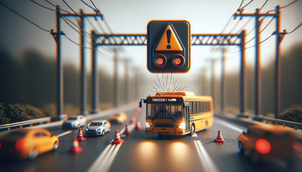 alt_text: Bus di tol dengan alarm darurat berbunyi, mengingatkan pentingnya keselamatan transportasi.
