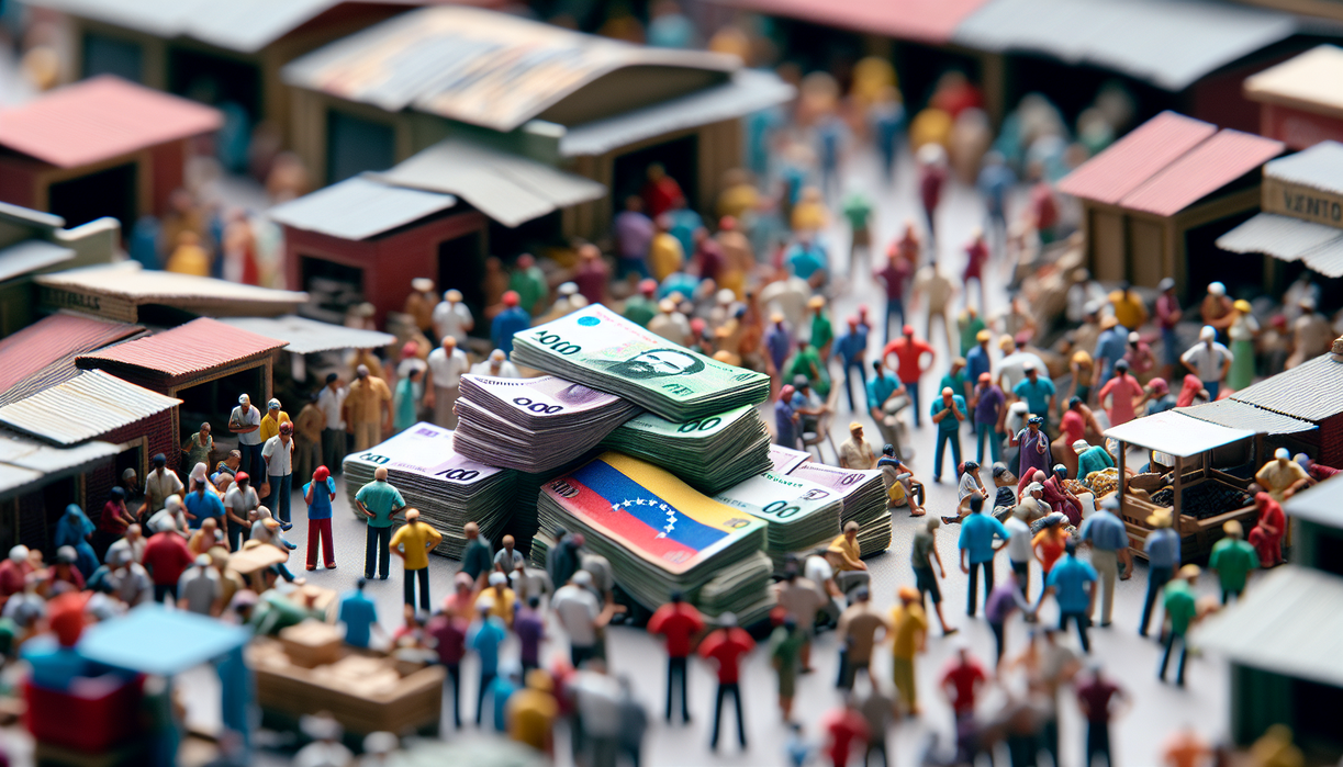 alt_text: Warga berkerumun di pasar, mata uang Venezuela menumpuk, simbol krisis ekonomi mendesak.