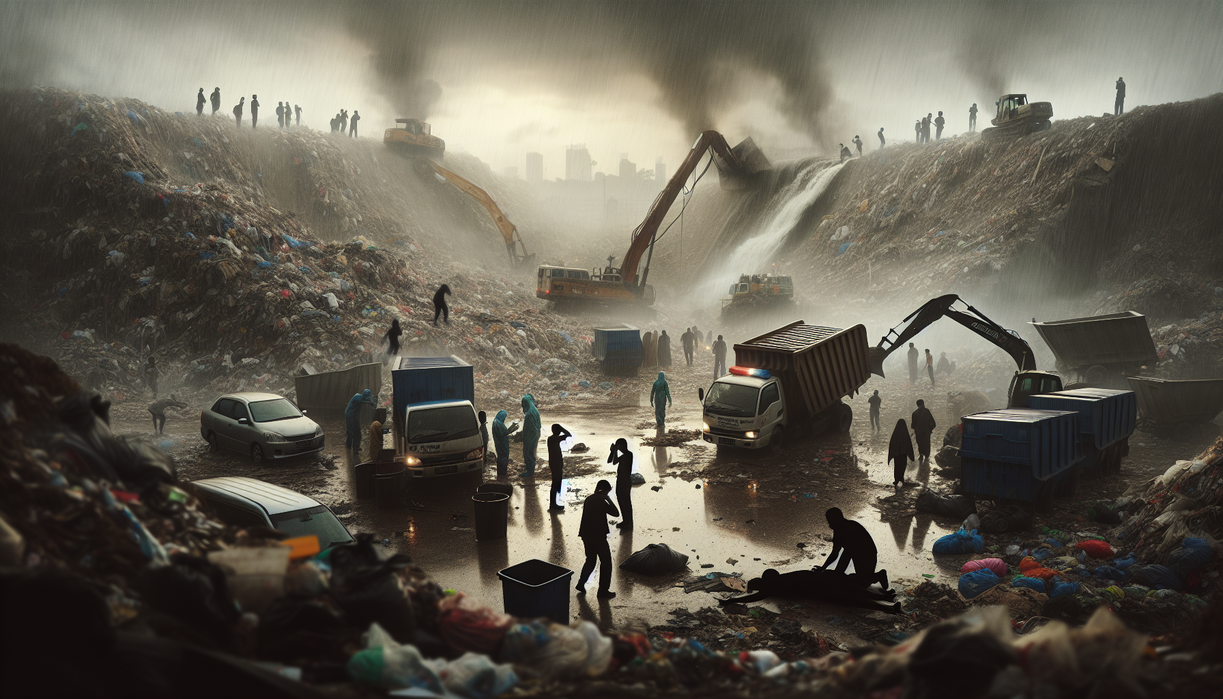 alt_text: Seorang pria memantau tumpukan sampah Bantargebang, mencari potensi bahaya longsor.