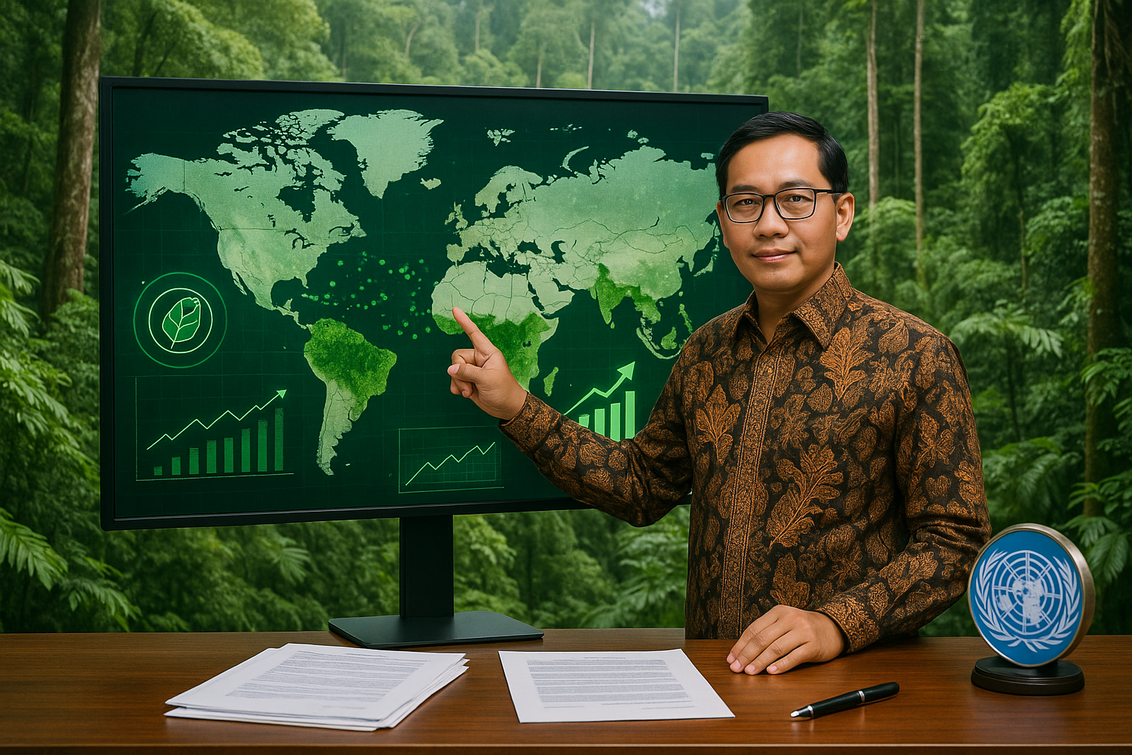 alt_text: Ilustrasi hutan RI dengan ikon ekonomi hijau dan peluang karbon sebagai aset berharga.