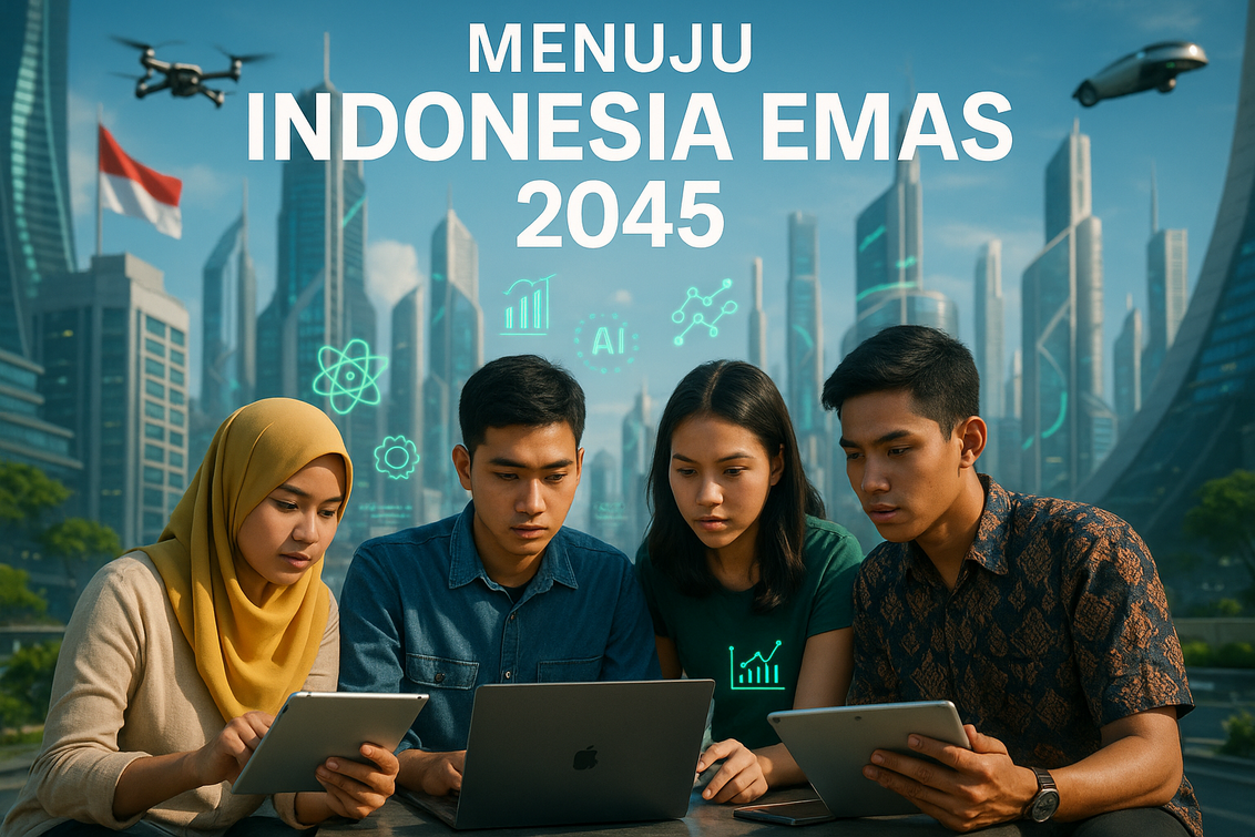 alt_text: "Poster travel tentang visi Indonesia Emas 2045 dengan elemen budaya dan futuristik."