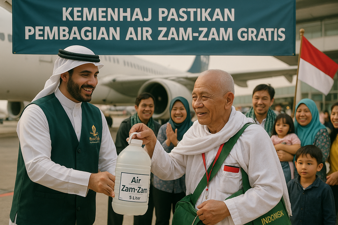 alt_text: Promo travel haji menawarkan air Zamzam 5 liter sebagai bagian dari paket perjalanan.