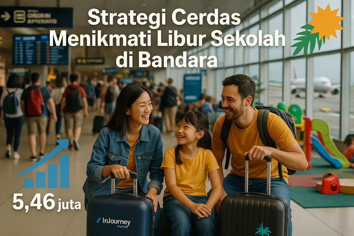 alt_text: Keluarga duduk santai di bandara, bermain kartu sambil menunggu penerbangan liburan sekolah.