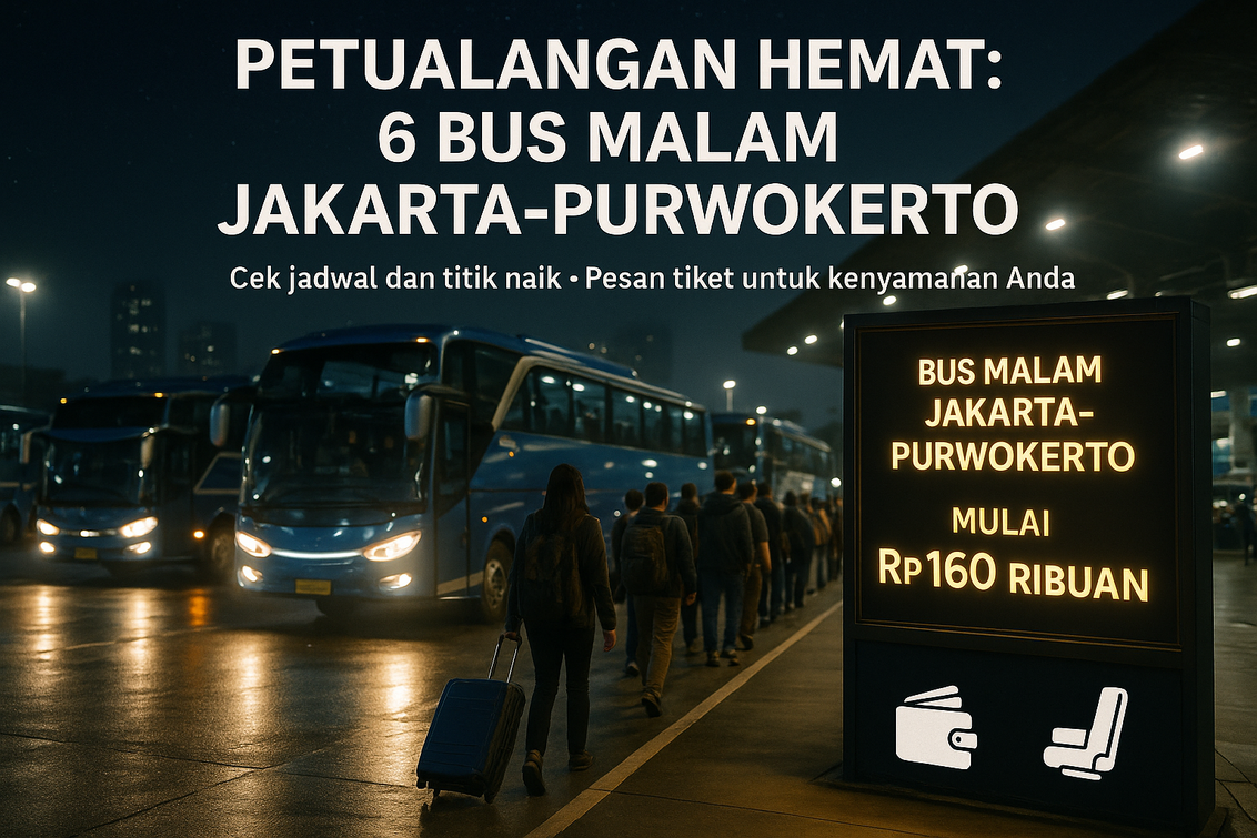 alt_text: Bus malam menuju Purwokerto dan hidangan khas Indonesia di sekitarnya.