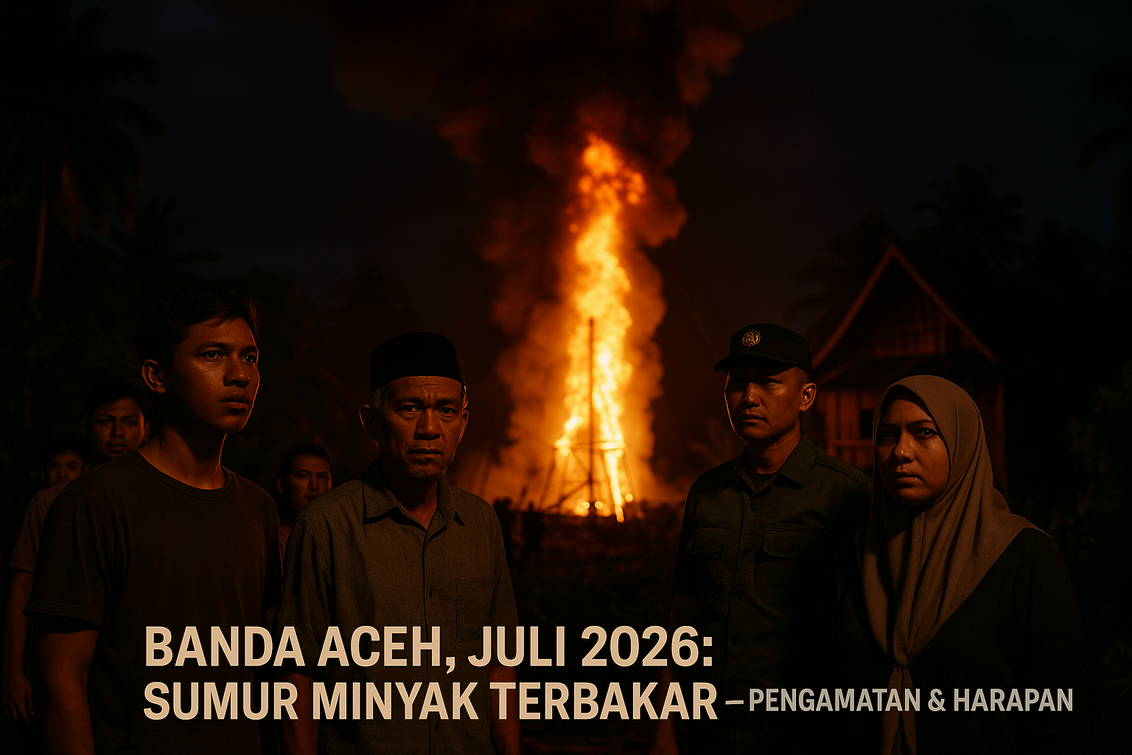 alt_text: Sumur minyak tradisional di Aceh Timur mengalami kebakaran hebat dengan asap hitam mengepul.