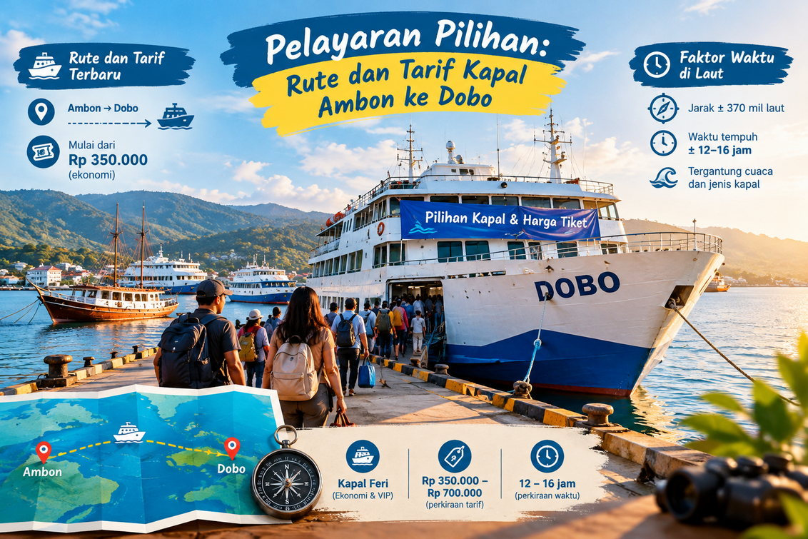 "Rute dan tarif kapal Ambon-Dobo, lengkap dengan waktu tempuh perjalanan laut."